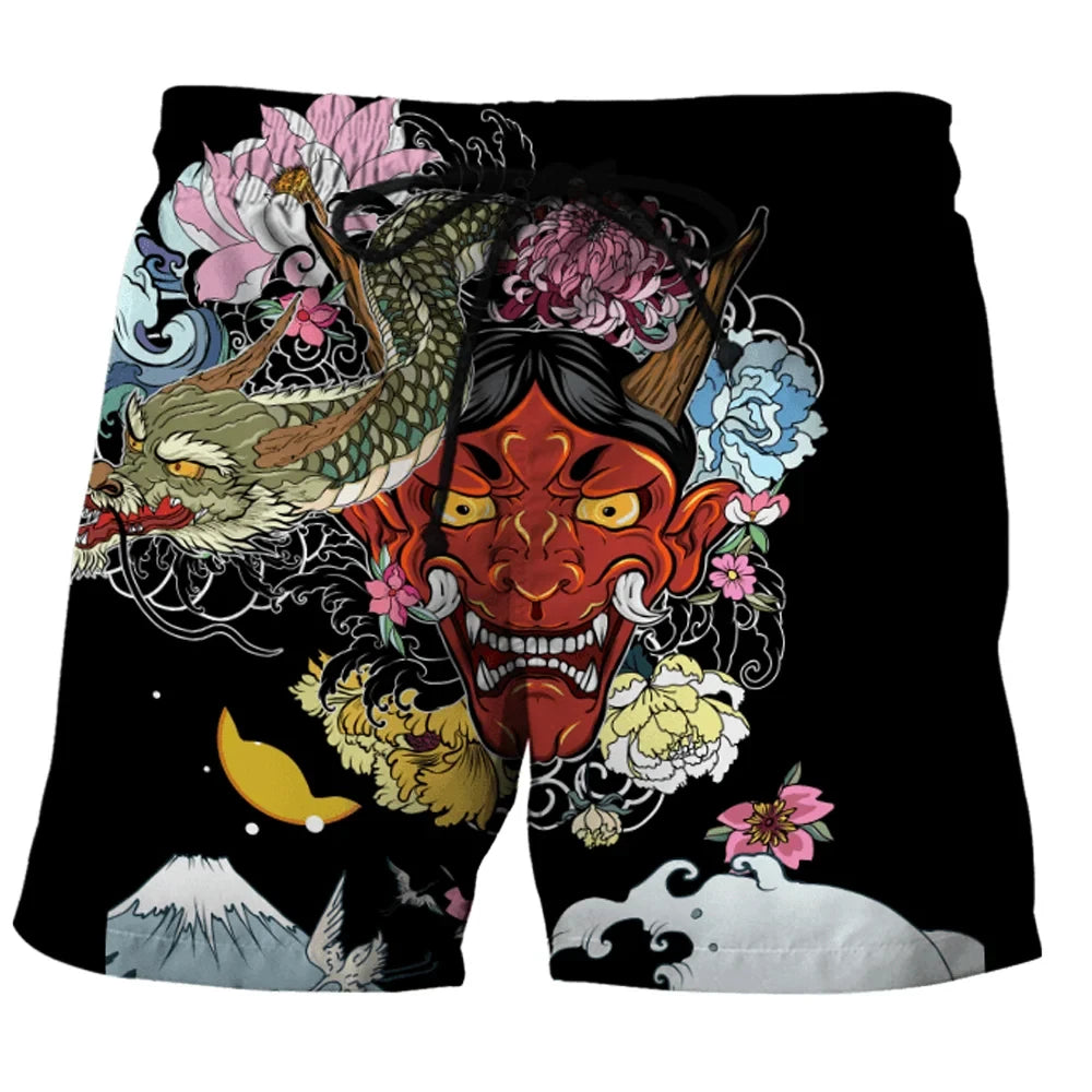 Japan Sakura Samurai beach shorts quick dry men sexy bodybuilding gym