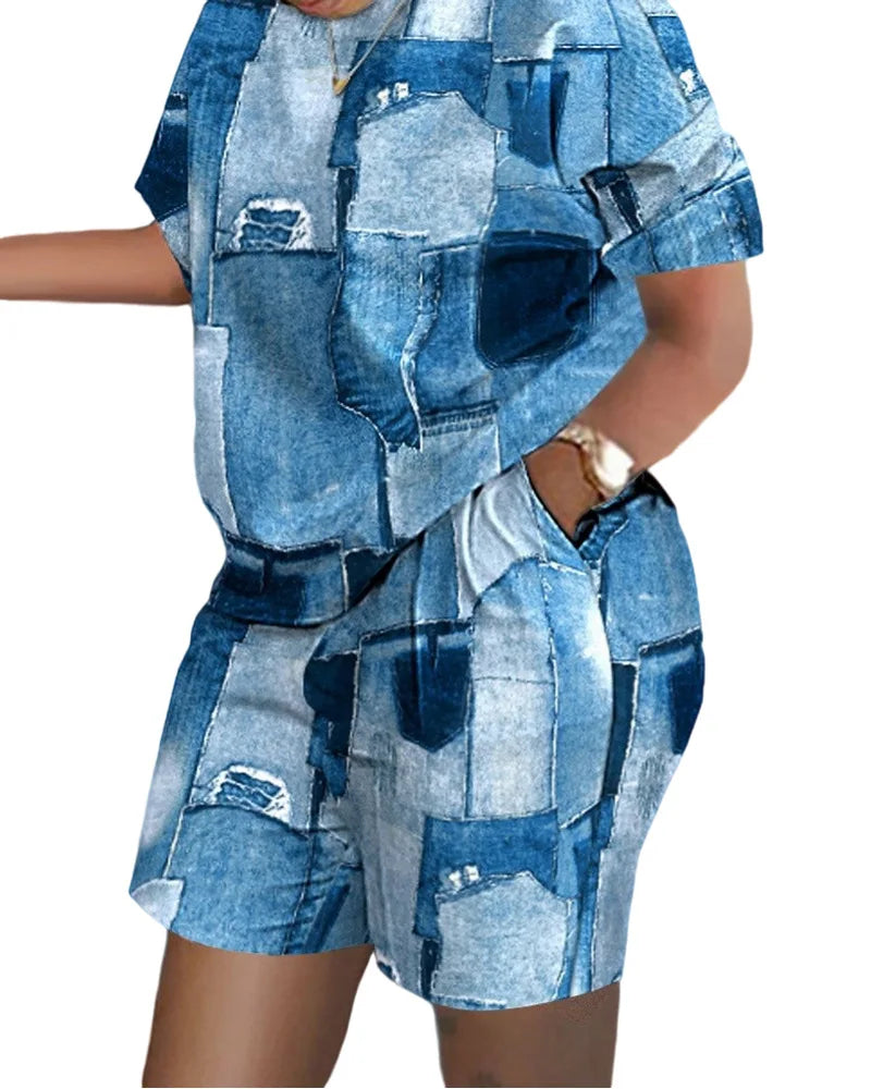 Women's T-shirt+Hot Pants Two Piece Set 2024 Summer Fashion Casual Printing Quick Drying Sports Fitness Top Shorts Female Suit