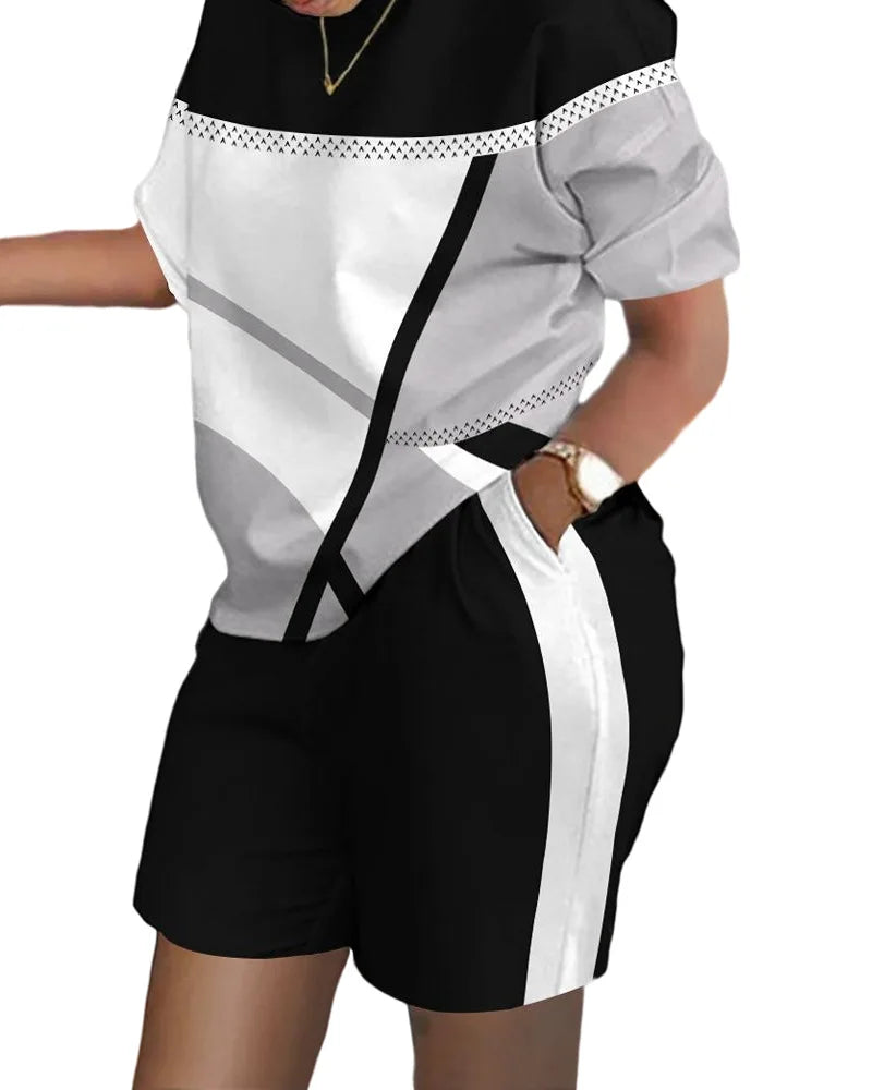 Women's T-shirt+Hot Pants Two Piece Set 2024 Summer Fashion Casual Printing Quick Drying Sports Fitness Top Shorts Female Suit