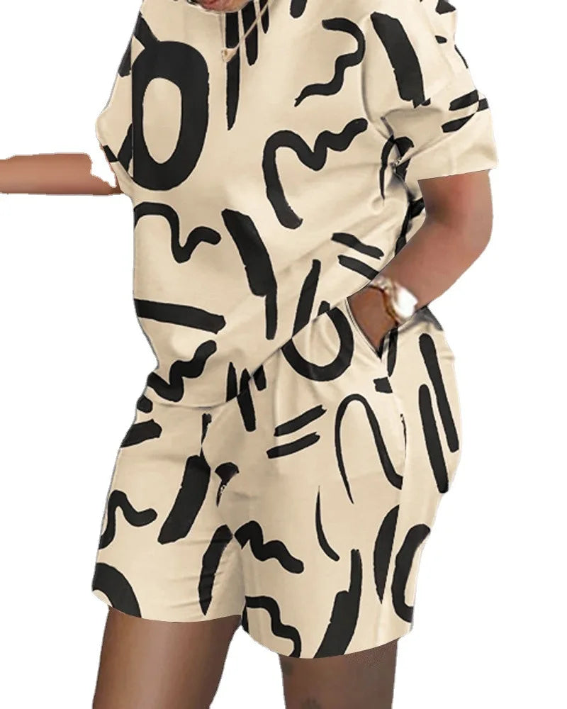 Women's T-shirt+Hot Pants Two Piece Set 2024 Summer Fashion Casual Printing Quick Drying Sports Fitness Top Shorts Female Suit