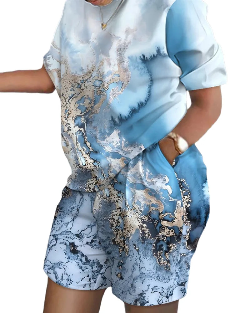 Women's T-shirt+Hot Pants Two Piece Set 2024 Summer Fashion Casual Printing Quick Drying Sports Fitness Top Shorts Female Suit