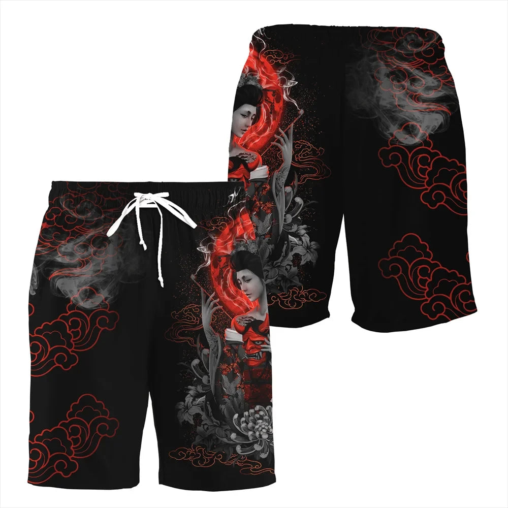 Japan Sakura Samurai beach shorts quick dry men sexy bodybuilding gym