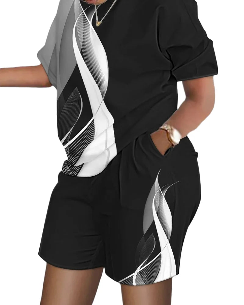 Women's T-shirt+Hot Pants Two Piece Set 2024 Summer Fashion Casual Printing Quick Drying Sports Fitness Top Shorts Female Suit