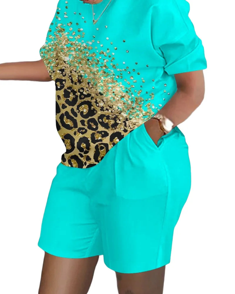 Women's T-shirt+Hot Pants Two Piece Set 2024 Summer Fashion Casual Printing Quick Drying Sports Fitness Top Shorts Female Suit