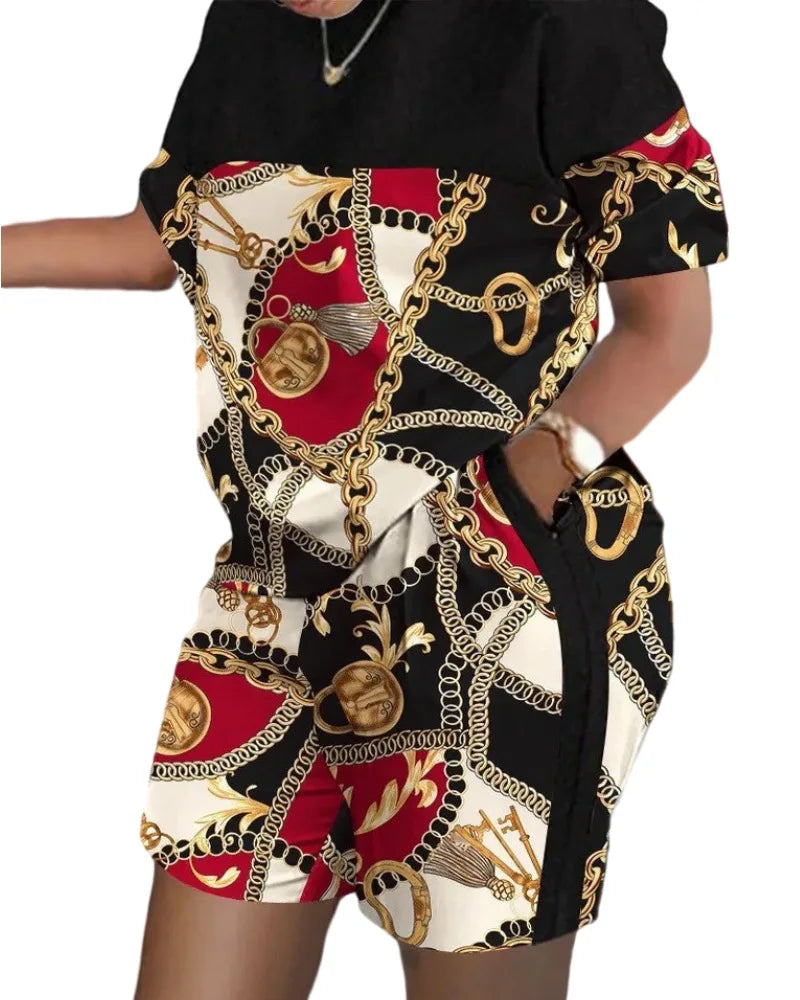 Women's T-shirt+Hot Pants Two Piece Set 2024 Summer Fashion Casual Printing Quick Drying Sports Fitness Top Shorts Female Suit